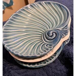 Set of 3 Blue & White Ceramic Nautilus Shell Shaped Plates